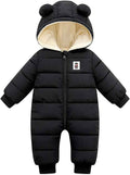 LSERVER Neugeborener Strampler Baby mit Kapuze Fleecever Dickter Jungen Schneeanzug Mädchen Warmer Daunen Overall Kinder Niedliche Winter Anzüge, Schwarz, 80 / 9-12 Monate