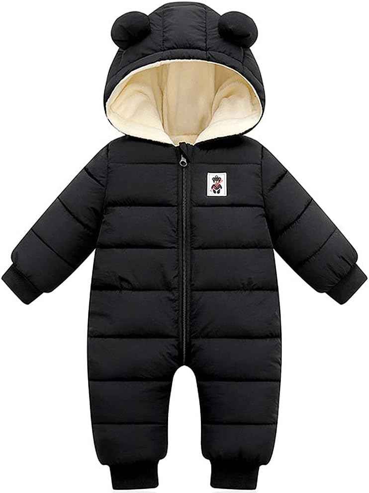 LSERVER Neugeborener Strampler Baby mit Kapuze Fleecever Dickter Jungen Schneeanzug Mädchen Warmer Daunen Overall Kinder Niedliche Winter Anzüge, Schwarz, 80 / 9-12 Monate