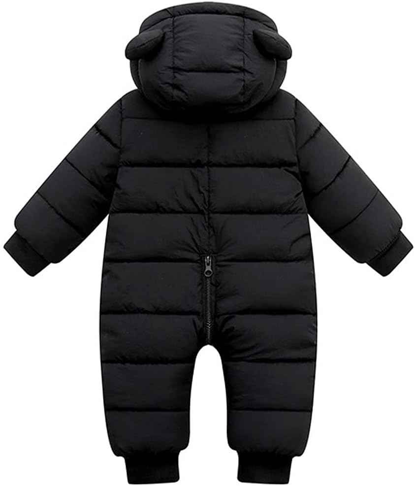 LSERVER Neugeborener Strampler Baby mit Kapuze Fleecever Dickter Jungen Schneeanzug Mädchen Warmer Daunen Overall Kinder Niedliche Winter Anzüge, Schwarz, 80 / 9-12 Monate