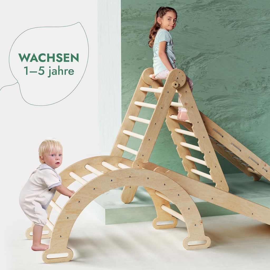 5in1 Montessori Klettergerüst Set: Kletterdreieck mit Rutsche, Kletterbogen, Kletternetz und Kissen, für Kinder 1-7 Jahre – Beige