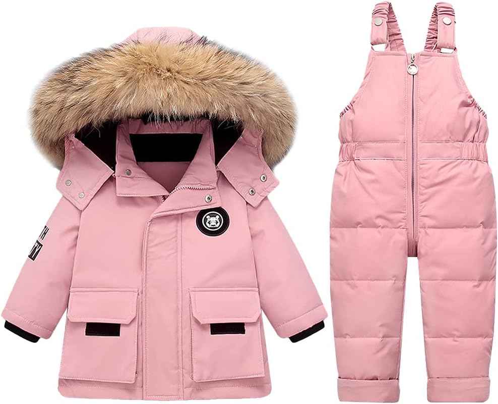 LSHDCER Baby Kleinkind Schneeanzug Jungen Mädchen Winteranzug Skianzug Daunenjacke mit Fellkapuze & Daunenhose Bekleidungsset 2tlg Outfit