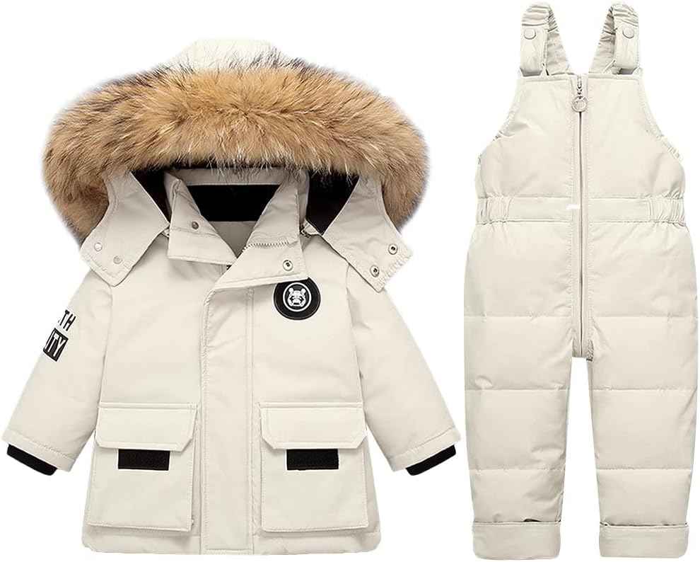 LSHDCER Baby Kleinkind Schneeanzug Jungen Mädchen Winteranzug Skianzug Daunenjacke mit Fellkapuze & Daunenhose Bekleidungsset 2tlg Outfit