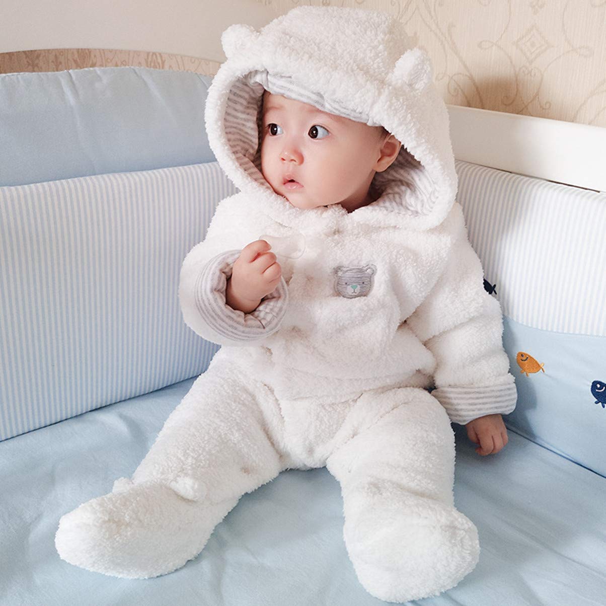 Baby Winter Schneeanzug Baby Strampler, Junge und Mädchen Einteiliger Anzug mit Kapuze, Kleinkind Oberbekleidung Schneeanzug Set Dick und Warm,Blau 3-6 Monate