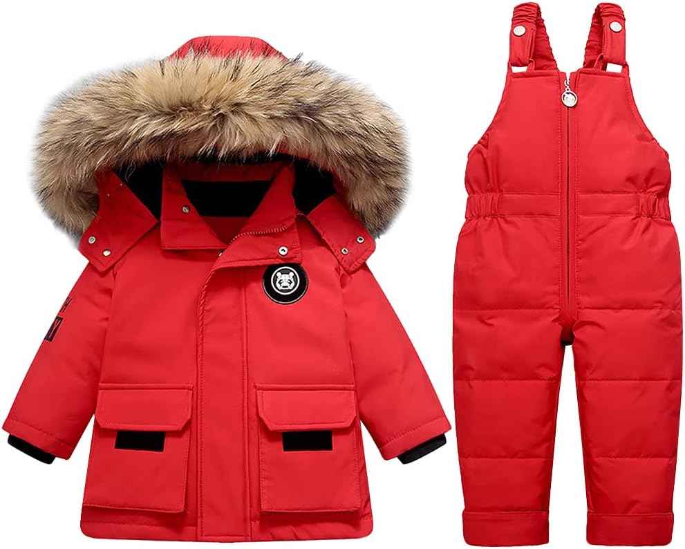 LSHDCER Baby Kleinkind Schneeanzug Jungen Mädchen Winteranzug Skianzug Daunenjacke mit Fellkapuze & Daunenhose Bekleidungsset 2tlg Outfit