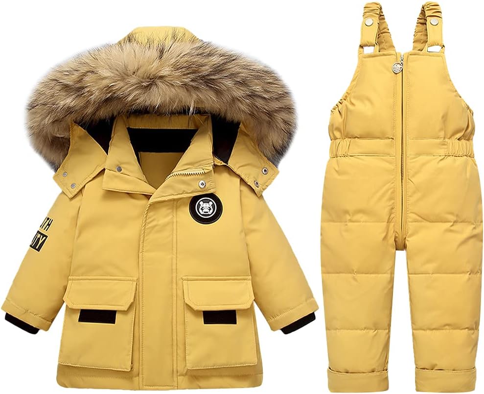 LSHDCER Baby Kleinkind Schneeanzug Jungen Mädchen Winteranzug Skianzug Daunenjacke mit Fellkapuze & Daunenhose Bekleidungsset 2tlg Outfit