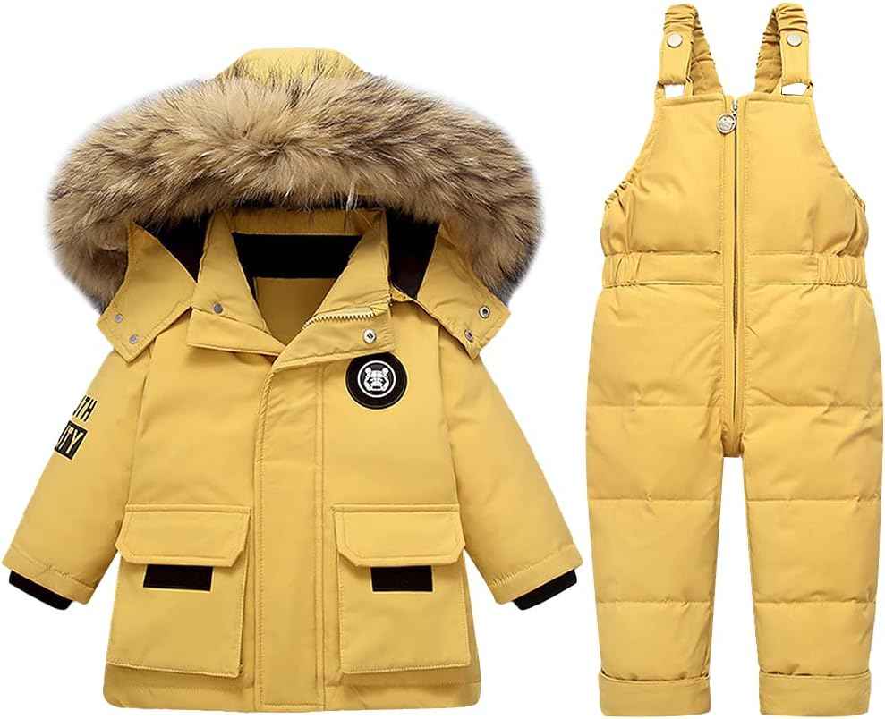 LSHDCER Baby Kleinkind Schneeanzug Jungen Mädchen Winteranzug Skianzug Daunenjacke mit Fellkapuze & Daunenhose Bekleidungsset 2tlg Outfit