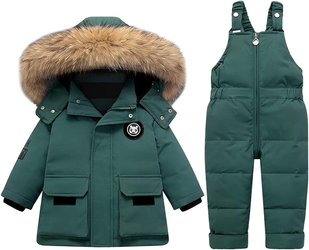 LSHDCER Baby Kleinkind Schneeanzug Jungen Mädchen Winteranzug Skianzug Daunenjacke mit Fellkapuze & Daunenhose Bekleidungsset 2tlg Outfit