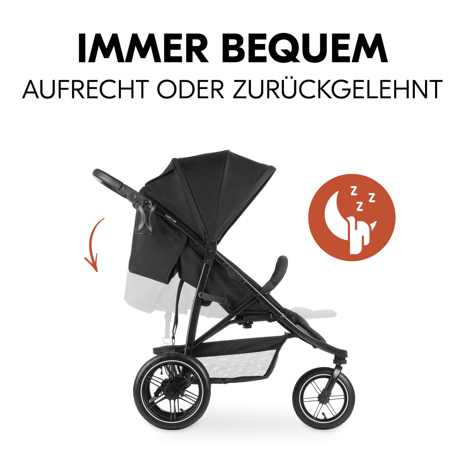 Hauck Buggy Rapid 3R Kinderwagen für Kinder bis 22 kg, mit Gummi Reifen, Klein Zusammenklappbar, UV-Schutz 50+, Schlaffunktion ab Geburt, Höhenverstellbarer Schieber und Großem Korb bis 3 kg (Black)