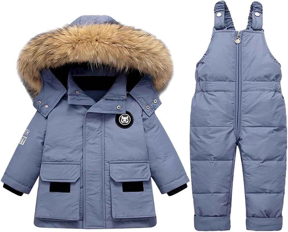 LSHDCER Baby Kleinkind Schneeanzug Jungen Mädchen Winteranzug Skianzug Daunenjacke mit Fellkapuze & Daunenhose Bekleidungsset 2tlg Outfit