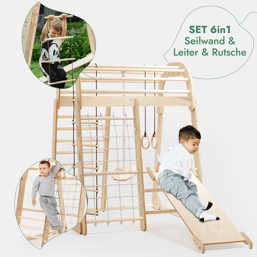6in1 Indoor Spielplatz für Kinder: Klettergerüst mit Kletternetz, Rutsche, Gymnastikringe, Hängende Leiter und Disc-Schaukel – Beige
