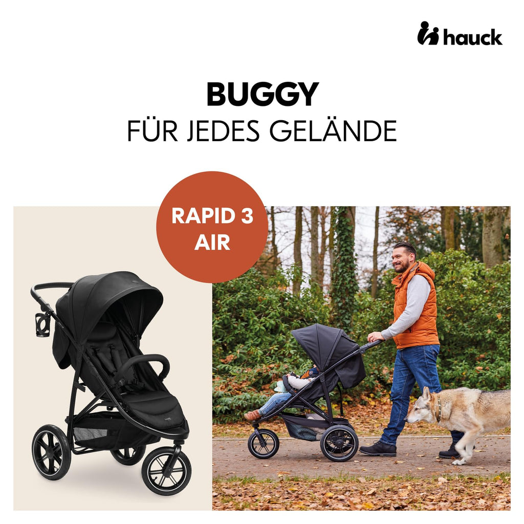 Hauck Buggy Rapid 3R Kinderwagen für Kinder bis 22 kg, mit Gummi Reifen, Klein Zusammenklappbar, UV-Schutz 50+, Schlaffunktion ab Geburt, Höhenverstellbarer Schieber und Großem Korb bis 3 kg (Black)