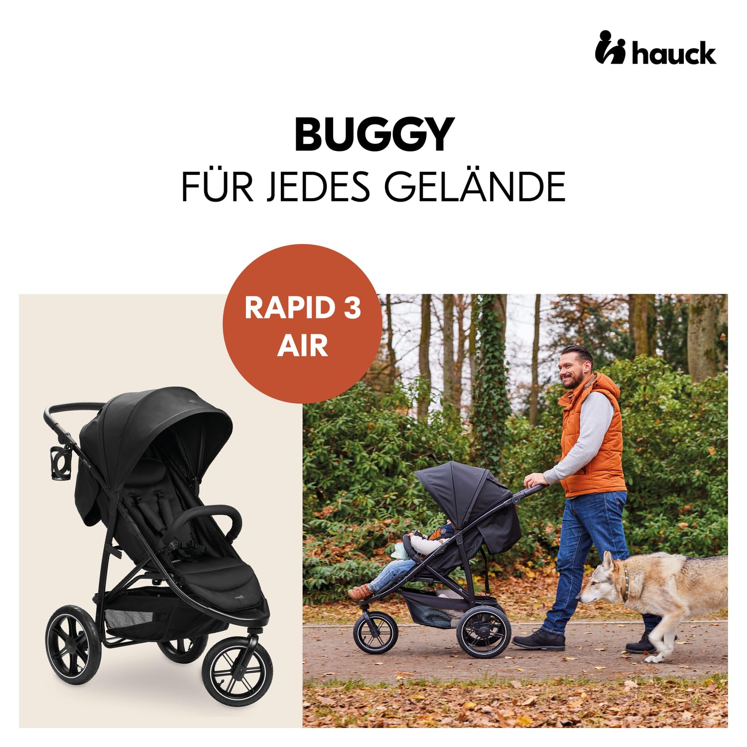 Hauck Buggy Rapid 3R Kinderwagen für Kinder bis 22 kg, mit Gummi Reifen, Klein Zusammenklappbar, UV-Schutz 50+, Schlaffunktion ab Geburt, Höhenverstellbarer Schieber und Großem Korb bis 3 kg (Black)