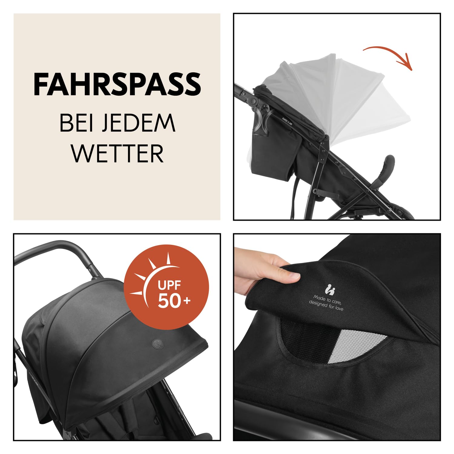 Hauck Buggy Rapid 3R Kinderwagen für Kinder bis 22 kg, mit Gummi Reifen, Klein Zusammenklappbar, UV-Schutz 50+, Schlaffunktion ab Geburt, Höhenverstellbarer Schieber und Großem Korb bis 3 kg (Black)