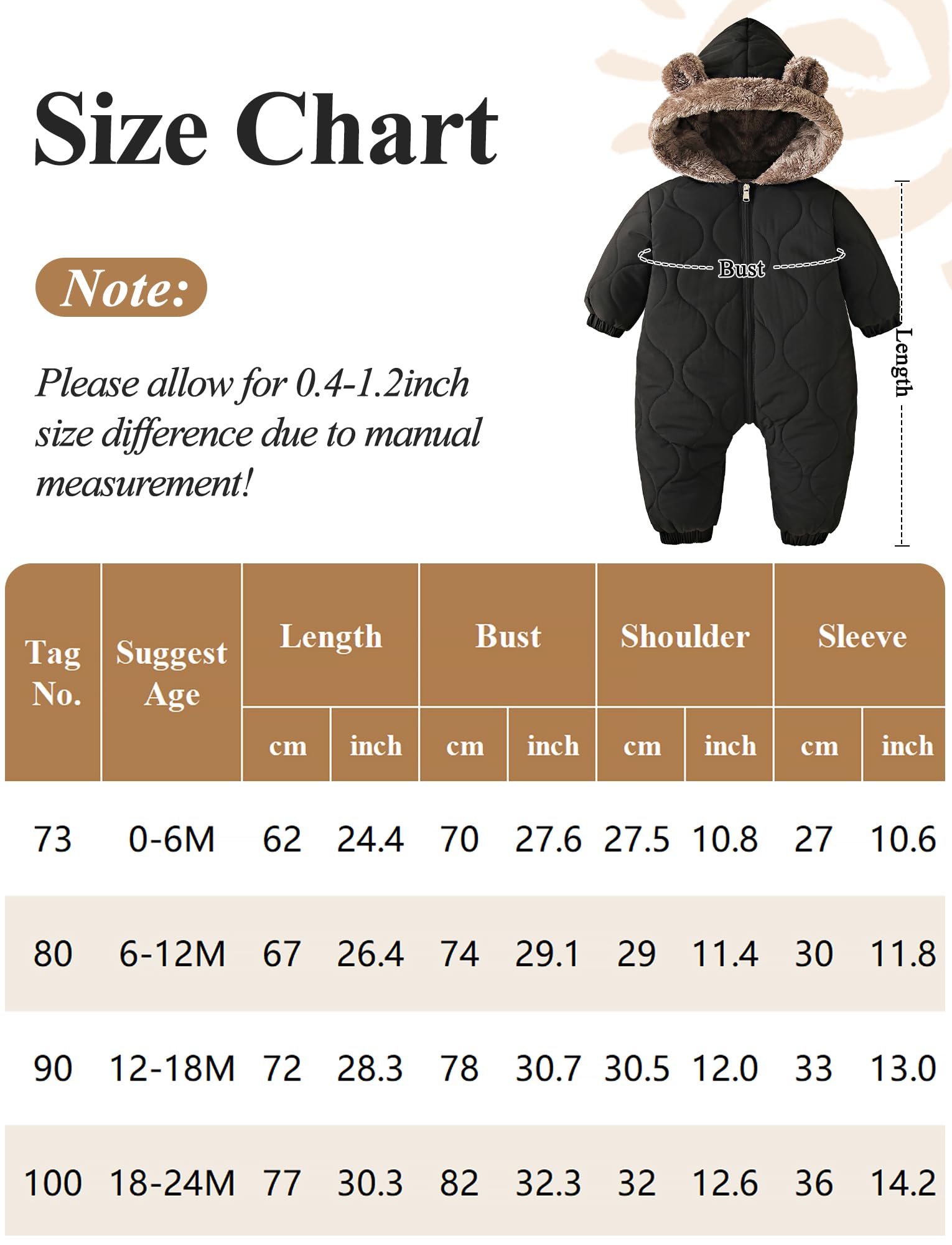 NEAWEALY Baby Winter Overall Mädchen Jungen Schneeanzüge Neugeborene Fleece Gefüttert Strampler Warmer Jumpsuit mit Kapuze