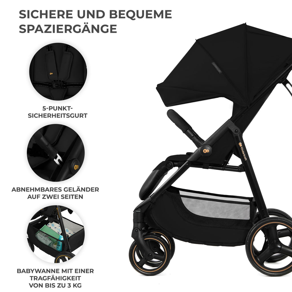 Kinderkraft TRIG 3 Kinderwagen, Kinderbuggy, Liegewagen, Sportwagen, Buggy, Zusammenklappen, Breite und tiefe Sitz, mit Liegeposition, 4 Rad Dämpfung, Große Dach, 5-Punkt-Gurt, bis zu 25 kg, Beige
