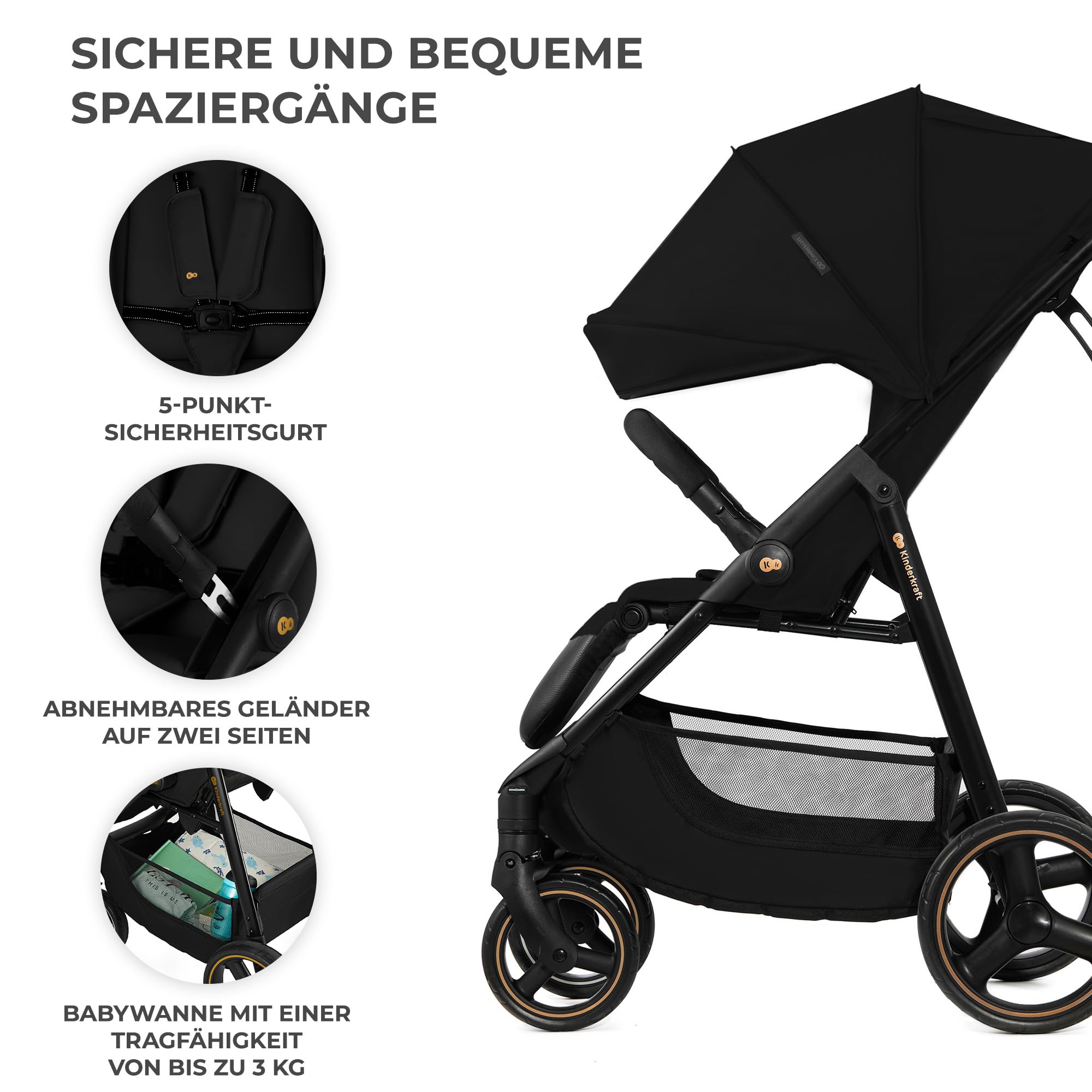 Kinderkraft TRIG 3 Kinderwagen, Kinderbuggy, Liegewagen, Sportwagen, Buggy, Zusammenklappen, Breite und tiefe Sitz, mit Liegeposition, 4 Rad Dämpfung, Große Dach, 5-Punkt-Gurt, bis zu 25 kg, Beige