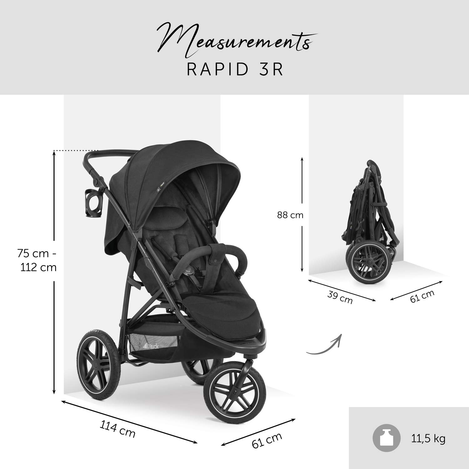 Hauck Buggy Rapid 3R Kinderwagen für Kinder bis 22 kg, mit Gummi Reifen, Klein Zusammenklappbar, UV-Schutz 50+, Schlaffunktion ab Geburt, Höhenverstellbarer Schieber und Großem Korb bis 3 kg (Black)