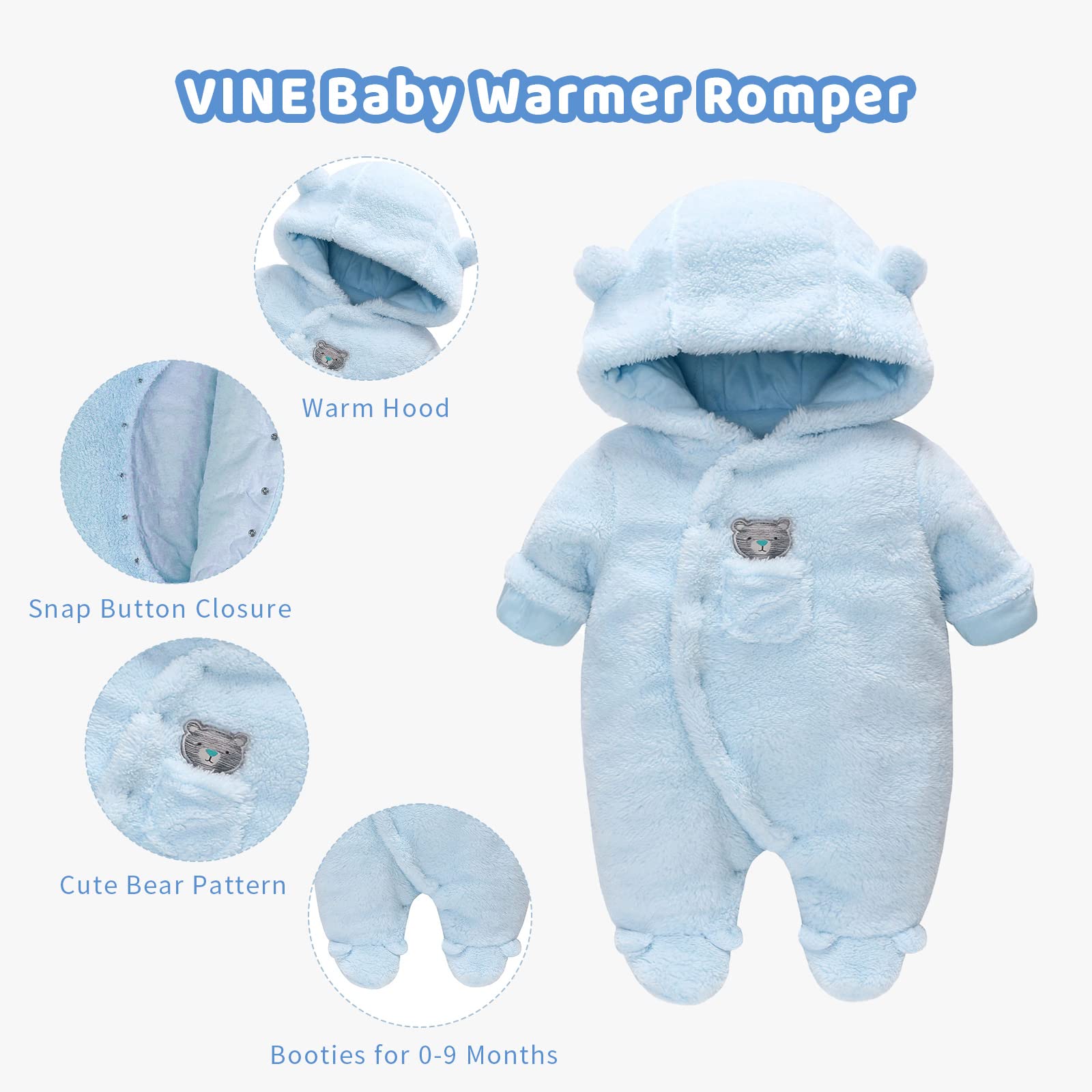 Baby Winter Schneeanzug Baby Strampler, Junge und Mädchen Einteiliger Anzug mit Kapuze, Kleinkind Oberbekleidung Schneeanzug Set Dick und Warm,Blau 3-6 Monate