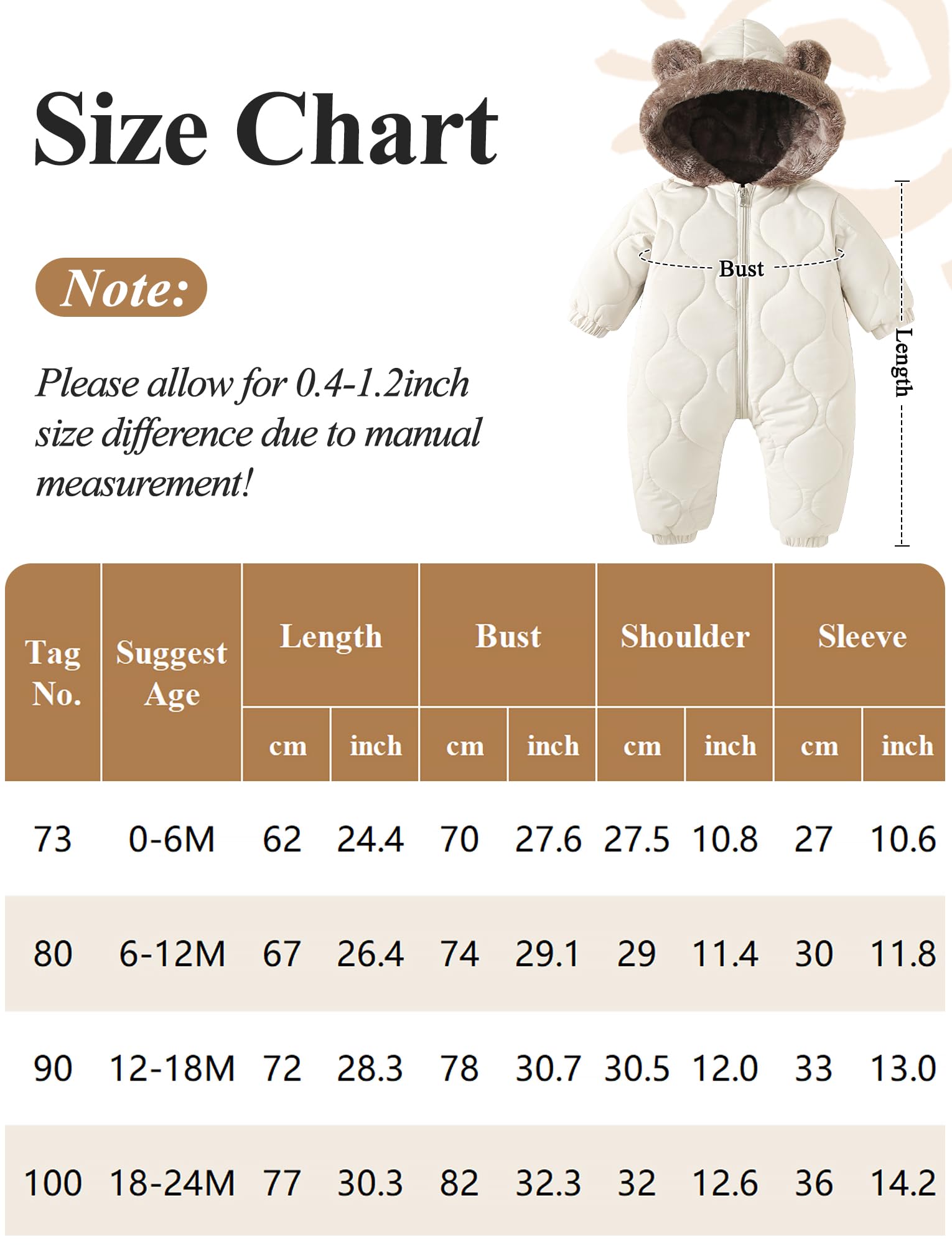 NEAWEALY Baby Winter Overall Mädchen Jungen Schneeanzüge Neugeborene Fleece Gefüttert Strampler Warmer Jumpsuit mit Kapuze