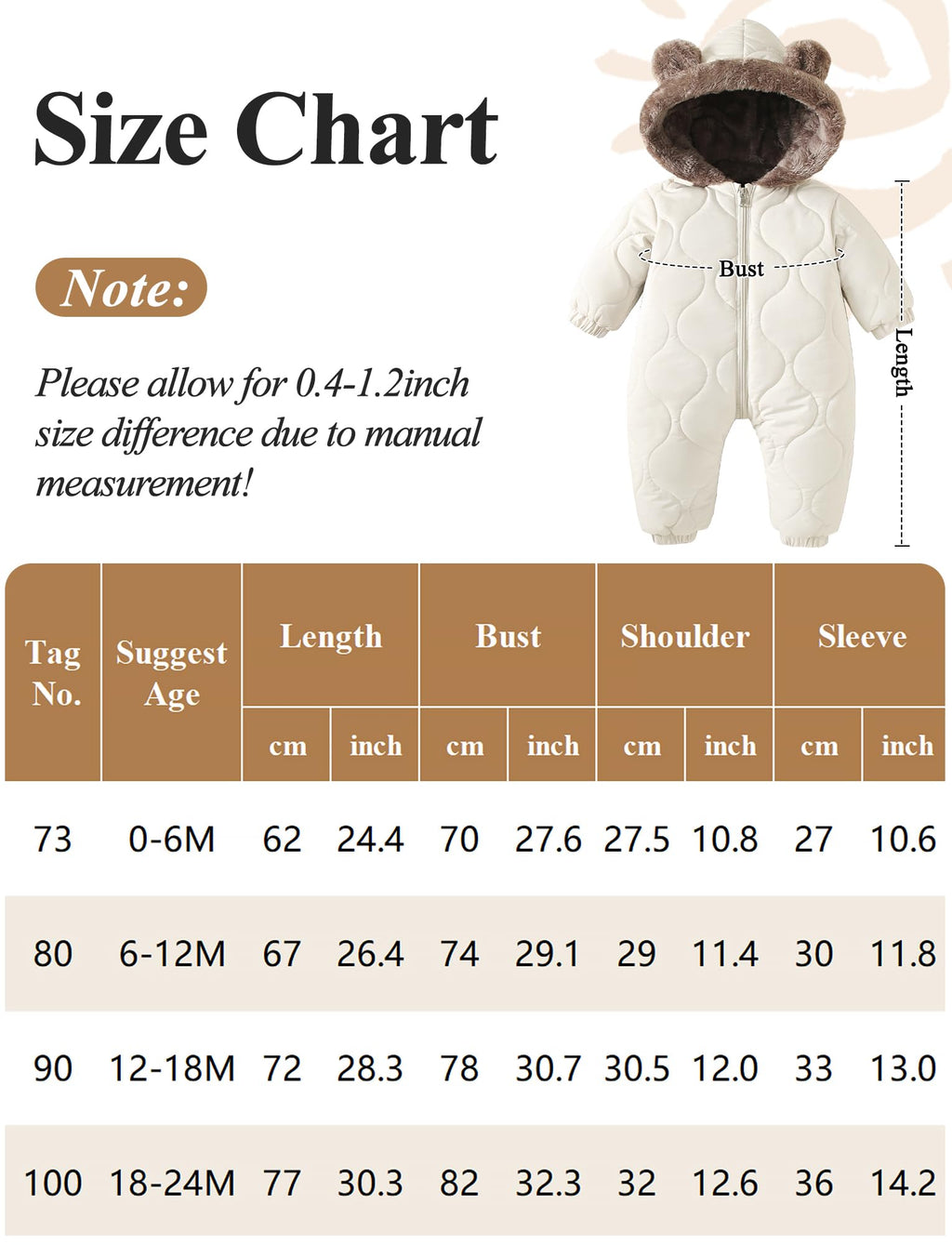 NEAWEALY Baby Winter Overall Mädchen Jungen Schneeanzüge Neugeborene Fleece Gefüttert Strampler Warmer Jumpsuit mit Kapuze