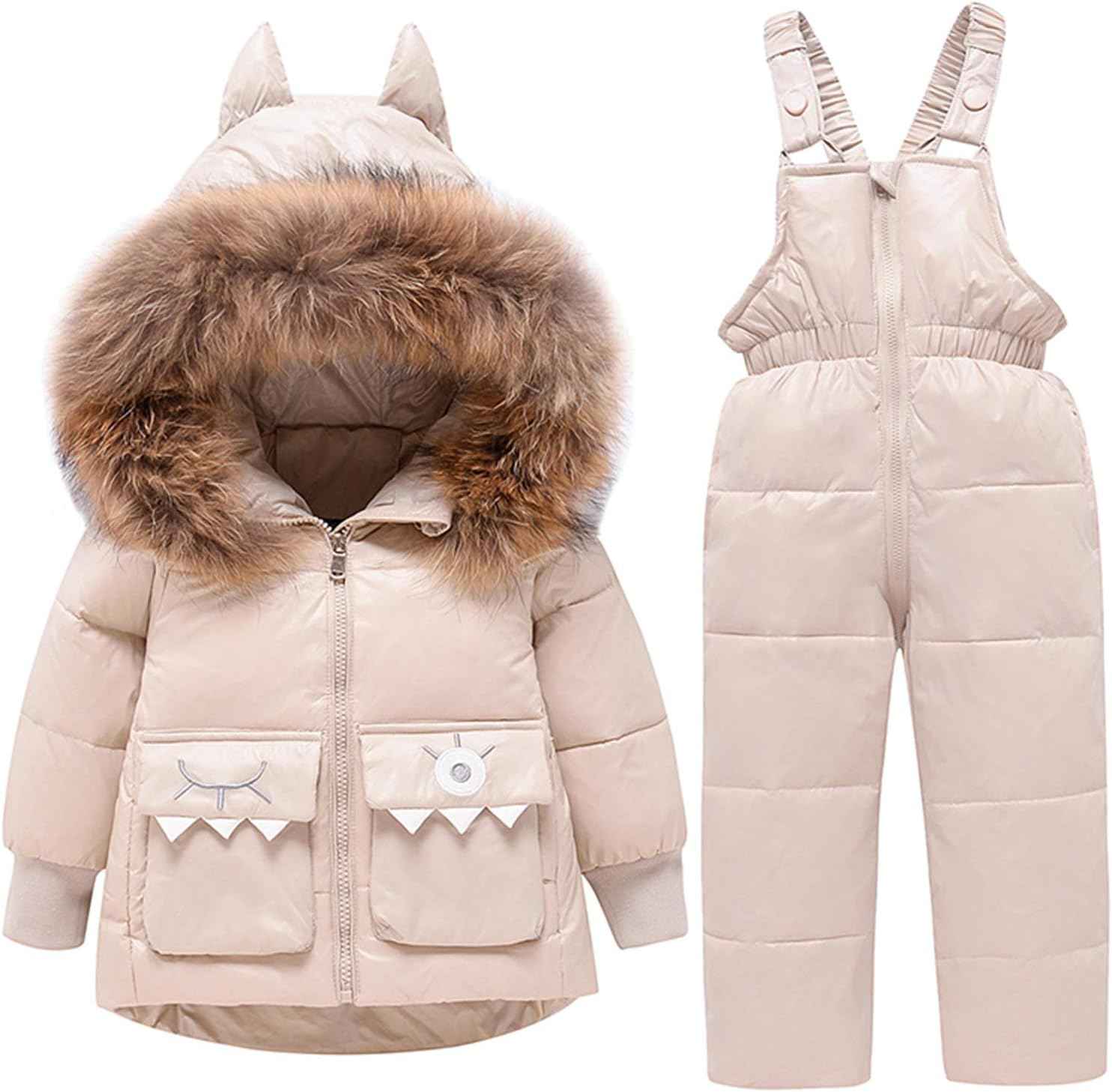 amropi Skianzug Mädchen Kinder Schneeanzug Daunenjacke mit Kaputze + Skihose 2tlg Bekleidungsset Winteranzug für 1-5 Jahre
