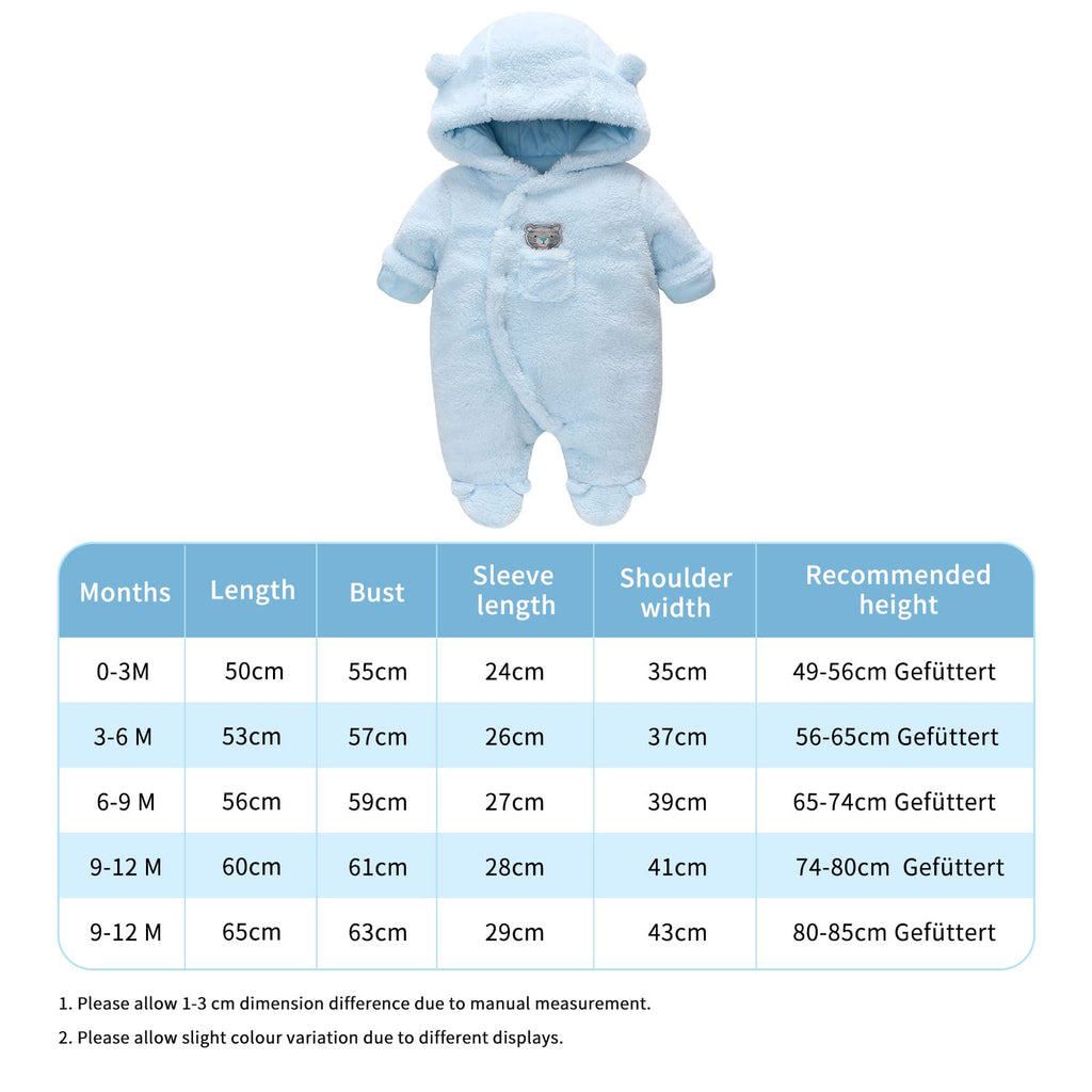 Baby Winter Schneeanzug Baby Strampler, Junge und Mädchen Einteiliger Anzug mit Kapuze, Kleinkind Oberbekleidung Schneeanzug Set Dick und Warm,Blau 3-6 Monate