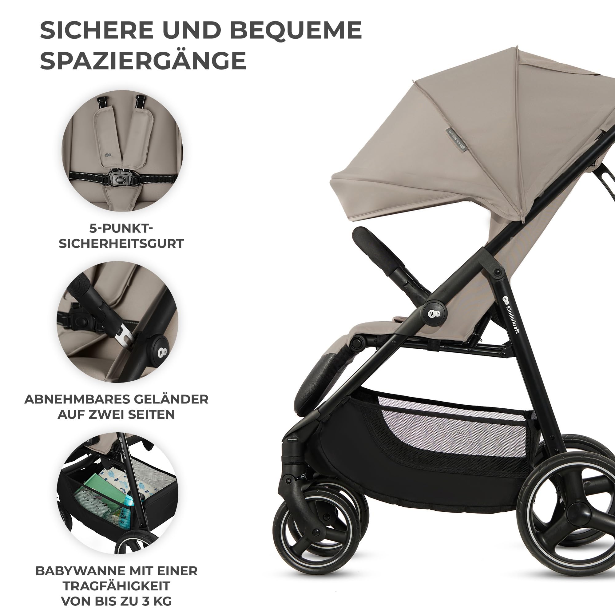 Kinderkraft TRIG 3 Kinderwagen, Kinderbuggy, Liegewagen, Sportwagen, Buggy, Zusammenklappen, Breite und tiefe Sitz, mit Liegeposition, 4 Rad Dämpfung, Große Dach, 5-Punkt-Gurt, bis zu 25 kg, Beige
