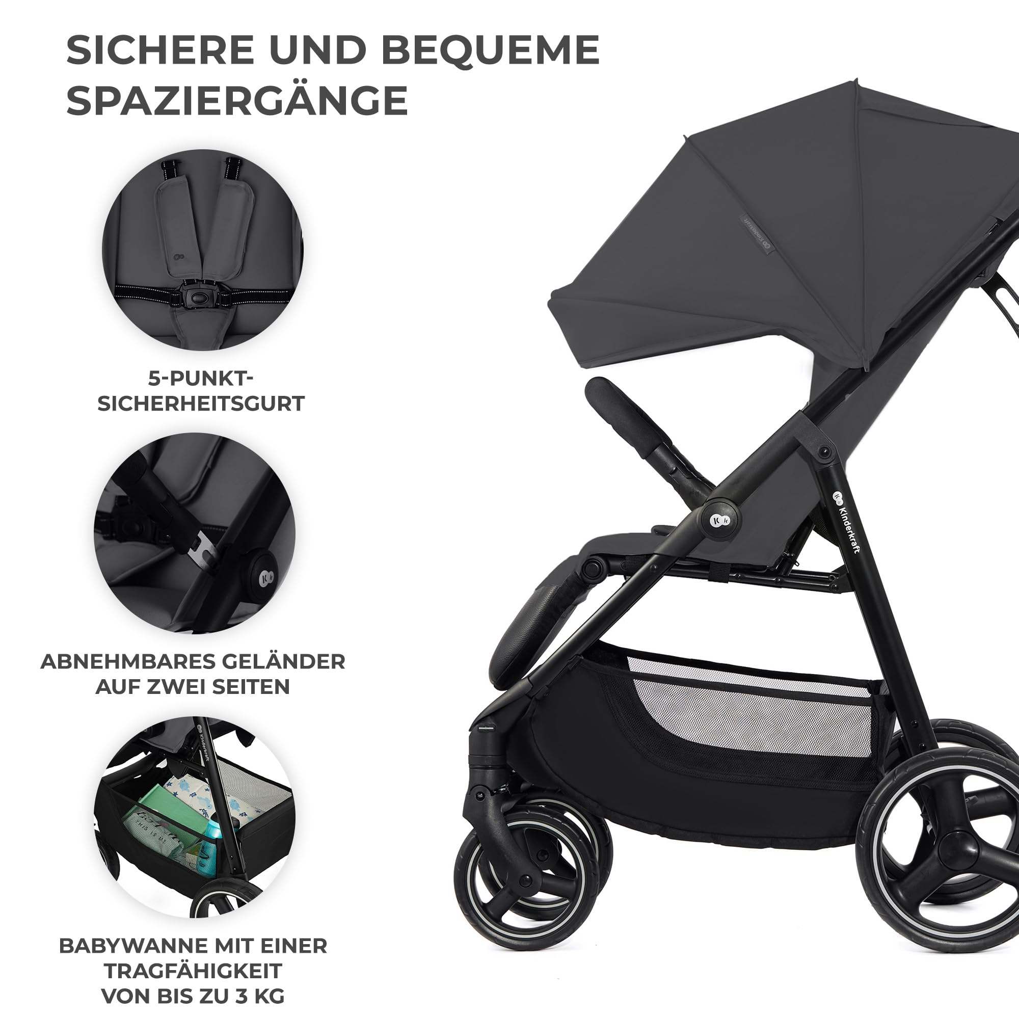 Kinderkraft TRIG 3 Kinderwagen, Kinderbuggy, Liegewagen, Sportwagen, Buggy, Zusammenklappen, Breite und tiefe Sitz, mit Liegeposition, 4 Rad Dämpfung, Große Dach, 5-Punkt-Gurt, bis zu 25 kg, Beige