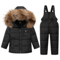 Kinder Daunenjacke Schneeanzug mit Künstliches Fell Kaputze Bekleidungsset Mädchen Jungen Verdickte Winterjacke + Skihose Daunenhose Kinderskianzug, Schwarz 4-5 Jahre