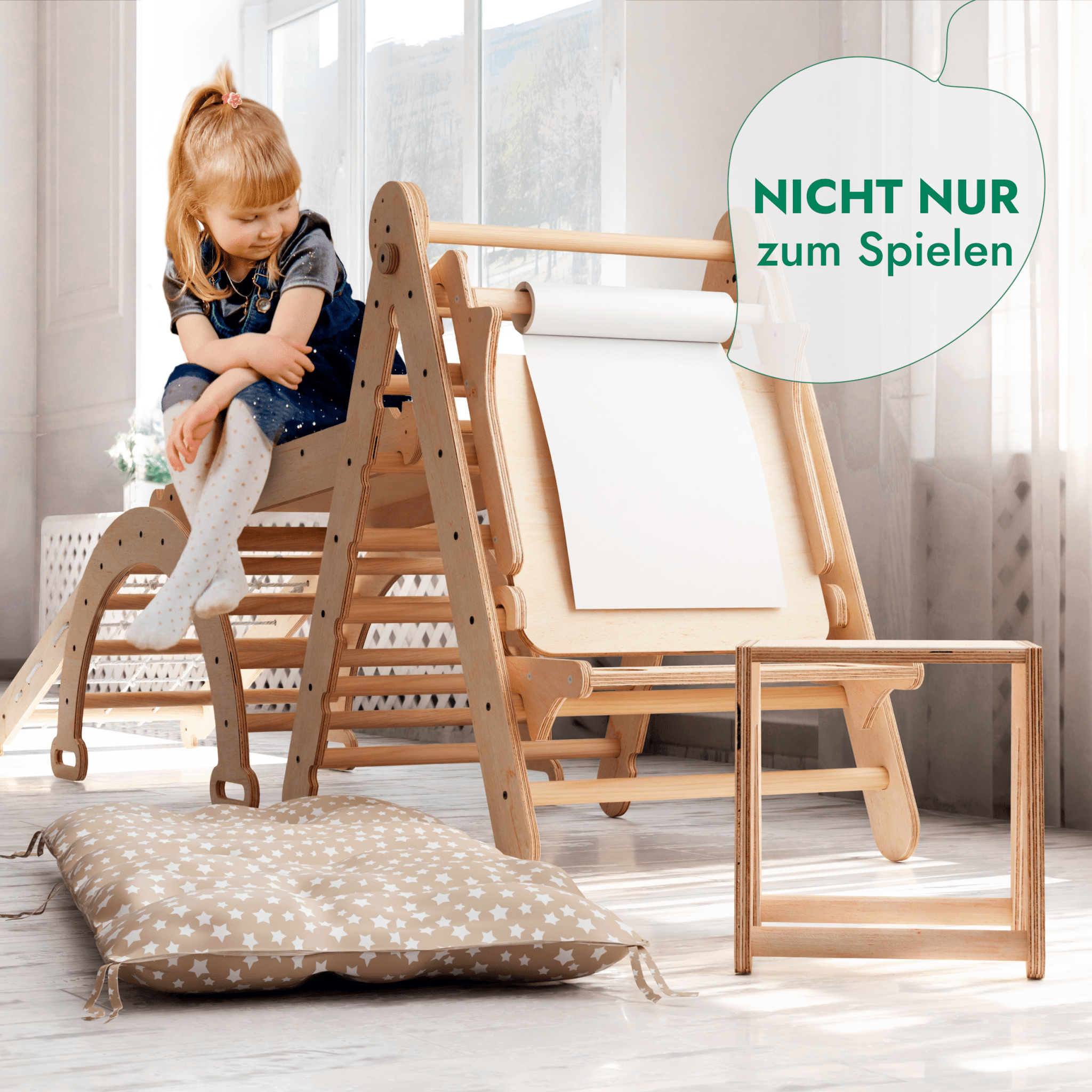 7in1 Montessori Klettergerüst Set: Kletterdreieck, Kletterbogen mit Kissen, Rutsche, Kletternetz, Maltafel und Kinderstuhl, für Kinder 1-7 Jahre – Beige