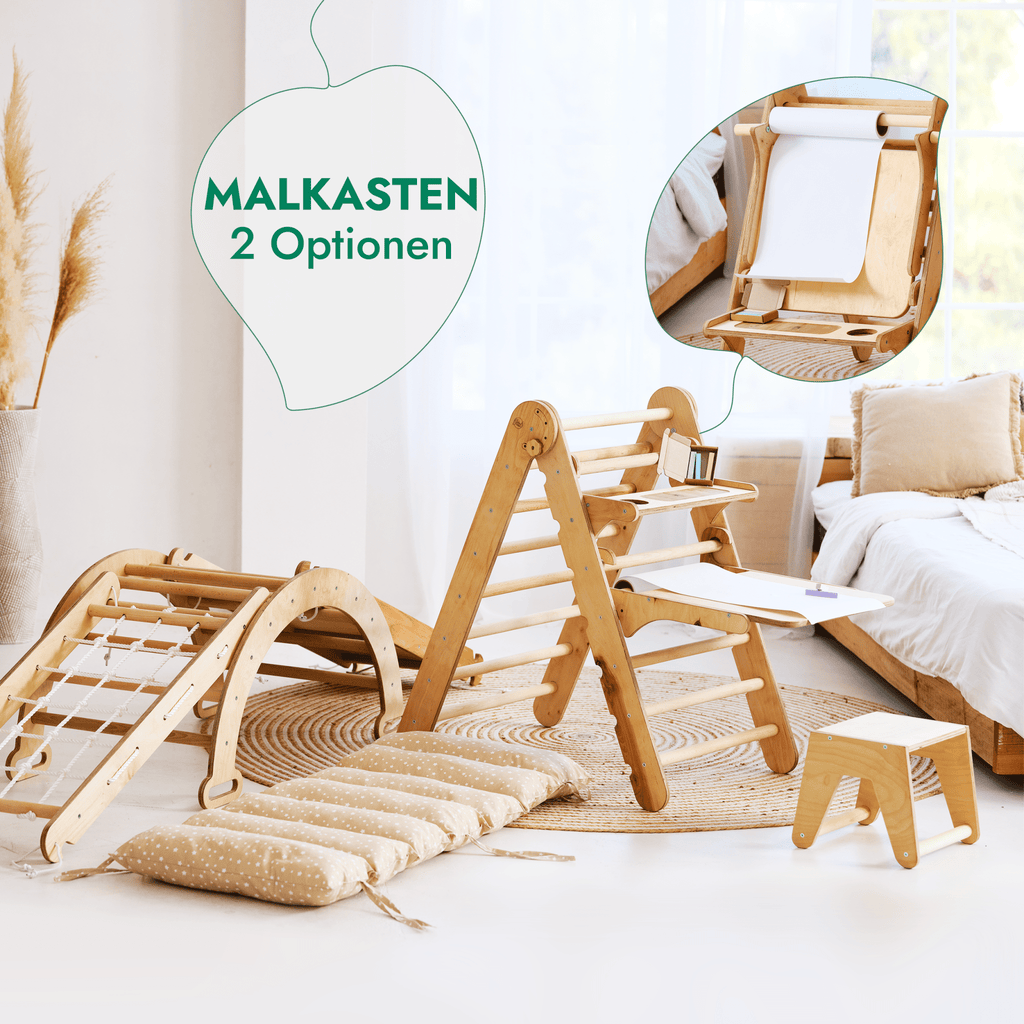 7in1 Montessori Klettergerüst Set: Kletterdreieck, Kletterbogen mit Kissen, Rutsche, Kletternetz, Maltafel und Kinderstuhl, für Kinder 1-7 Jahre – Beige