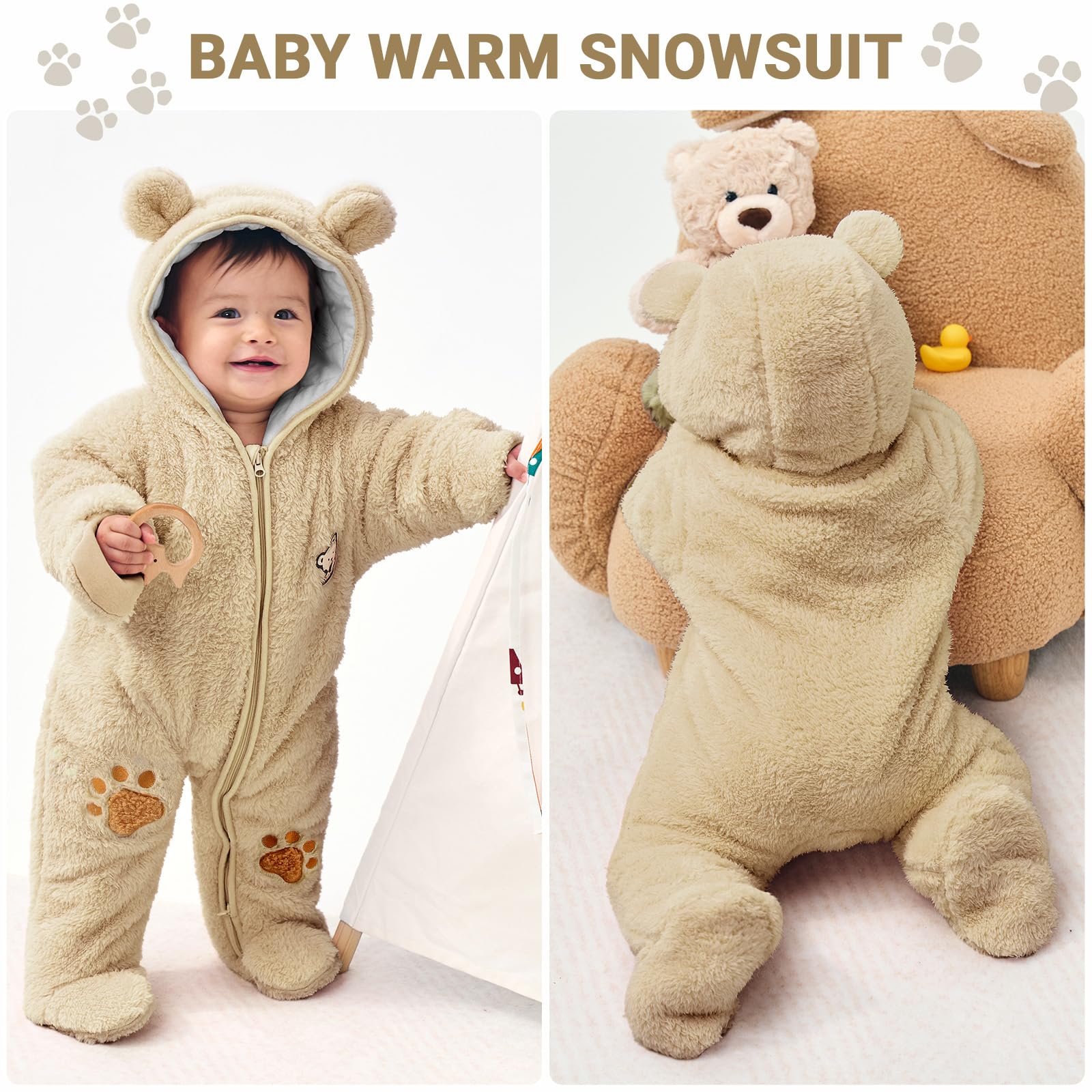 Baby Schneeanzüge Winter Overall mit Kapuze Fleece Strampler Mädchen Jungen Warm Outfits- Gr. 0-3 Monate (59 cm), Gelb