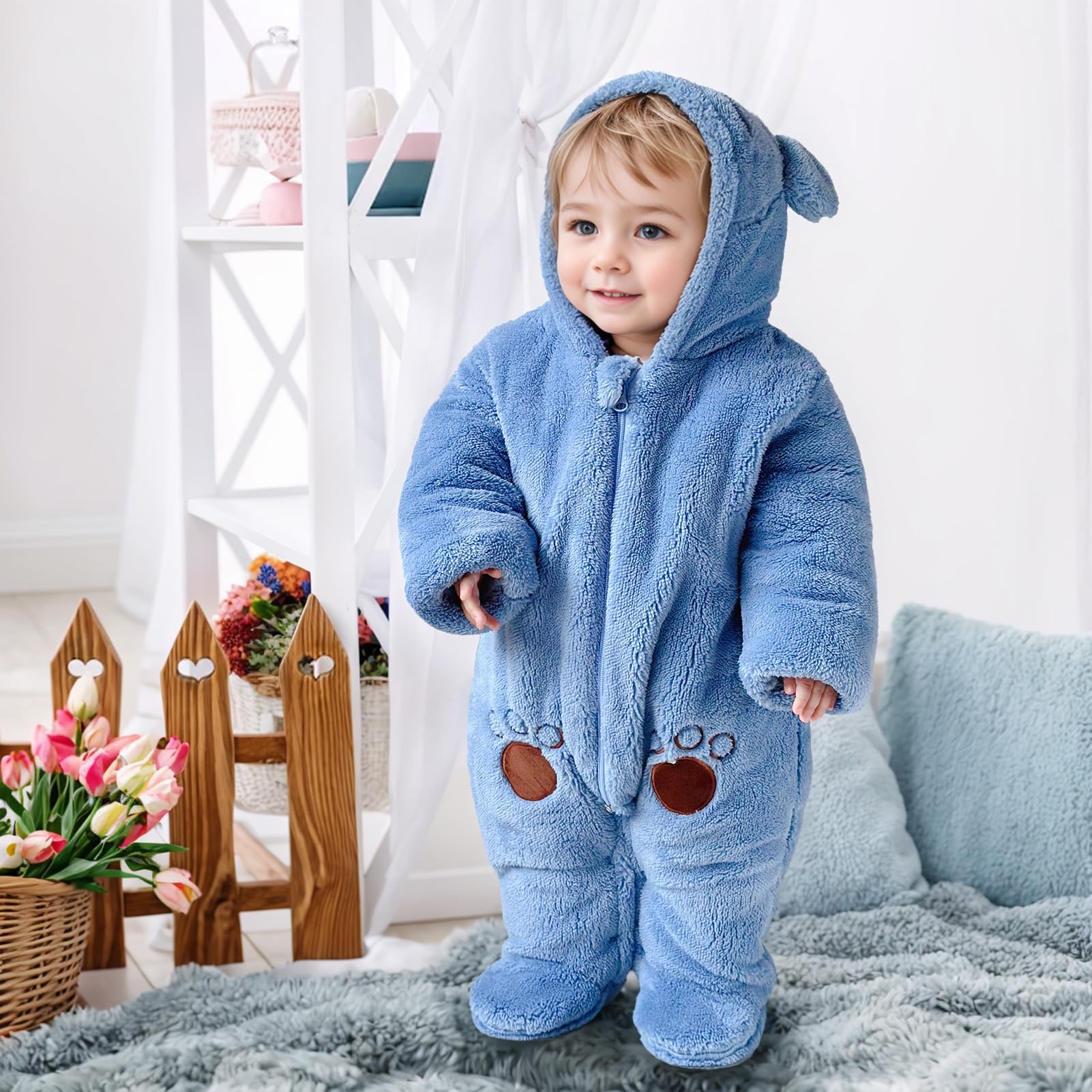 Baby Winter Schneeanzug Baby Strampler, Junge und Mädchen Einteiliger Anzug mit Kapuze, Kleinkind Oberbekleidung Schneeanzug Set Dick und Warm,Blau 3-6 Monate