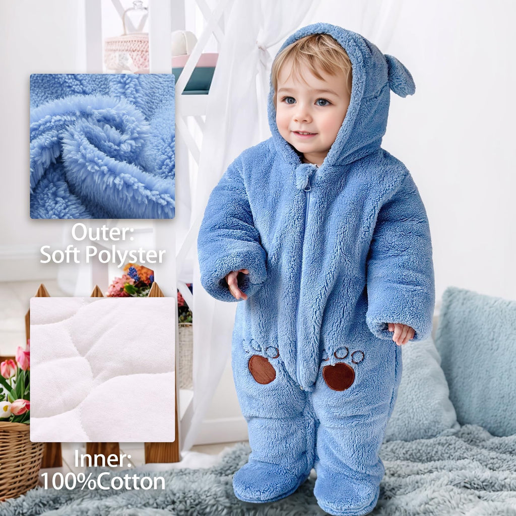 Baby Winter Schneeanzug Baby Strampler, Junge und Mädchen Einteiliger Anzug mit Kapuze, Kleinkind Oberbekleidung Schneeanzug Set Dick und Warm,Blau 3-6 Monate