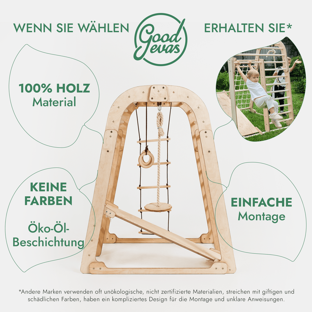 8in1 Indoor Spielplatz: Klettergerüst mit Kletternetz, Rutsche, Gymnastikringe, Hängende Leiter, Disc-Schaukel, Maltafel und Kinderstuhl – Beige