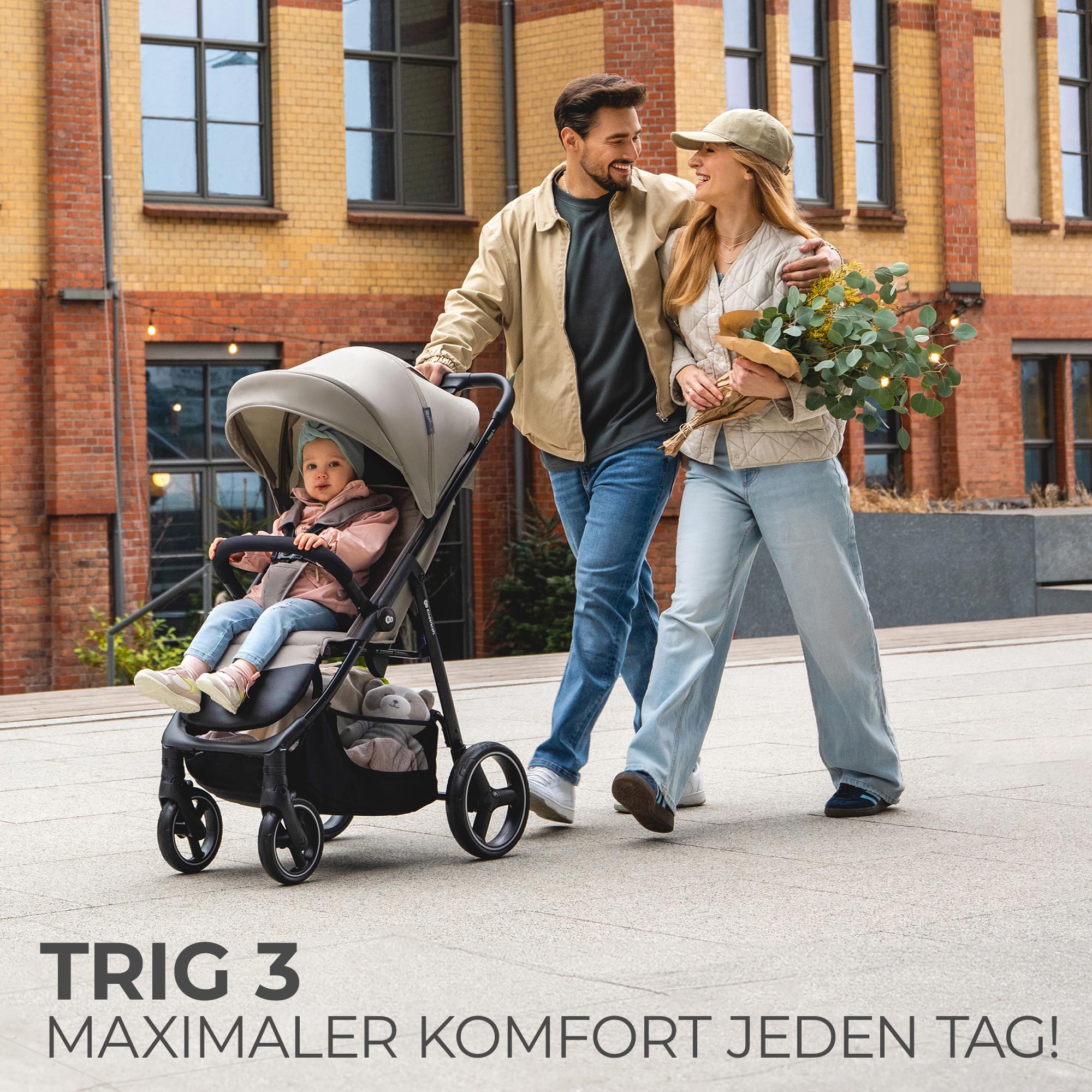Kinderkraft TRIG 3 Kinderwagen, Kinderbuggy, Liegewagen, Sportwagen, Buggy, Zusammenklappen, Breite und tiefe Sitz, mit Liegeposition, 4 Rad Dämpfung, Große Dach, 5-Punkt-Gurt, bis zu 25 kg, Beige