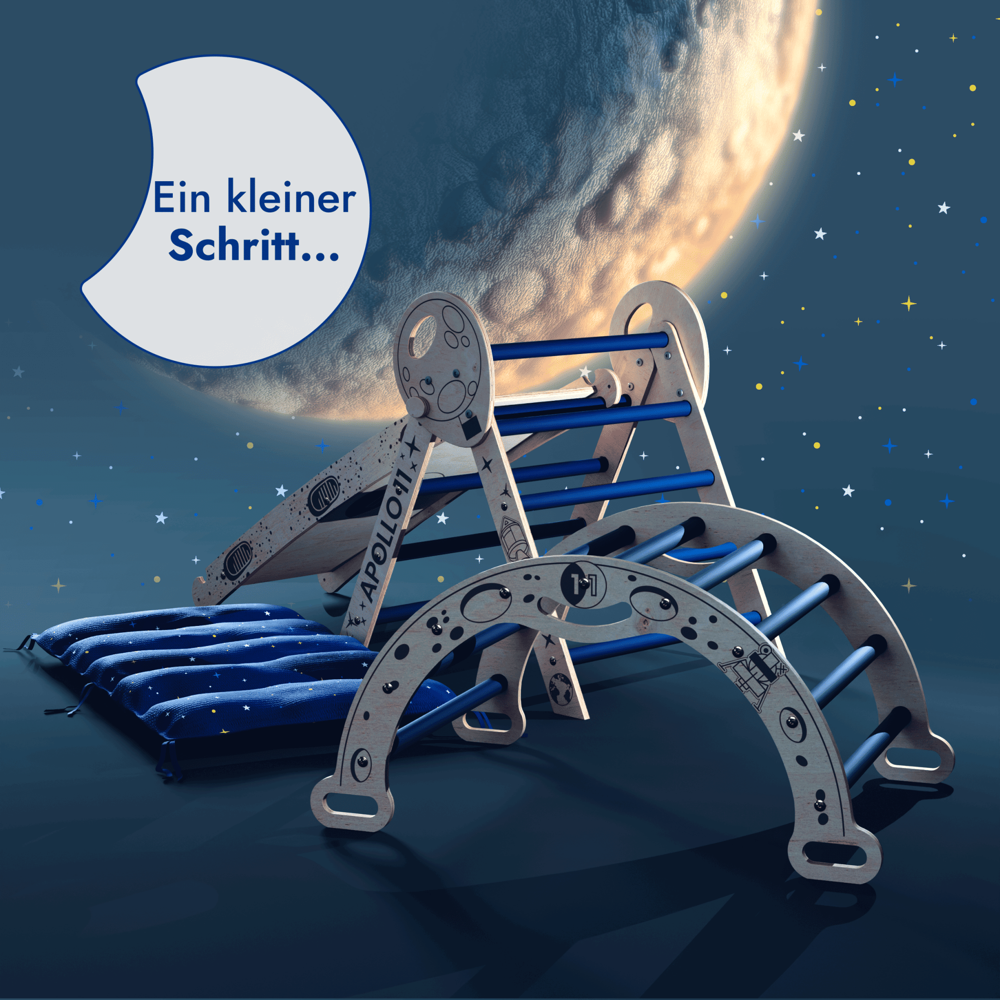 Apollo 4in1 Kletterset: Pikler-Dreieck, Kletterbogen, Rutschbrett und Kissen für kleine Kleinkind-Astronauten