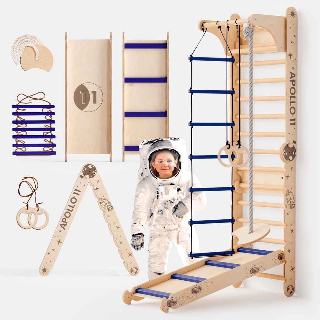 Apollo Schwedische Wand / Kletterleiter für kleine Astronauten + Mondschaukel-Set + Rutschbrett