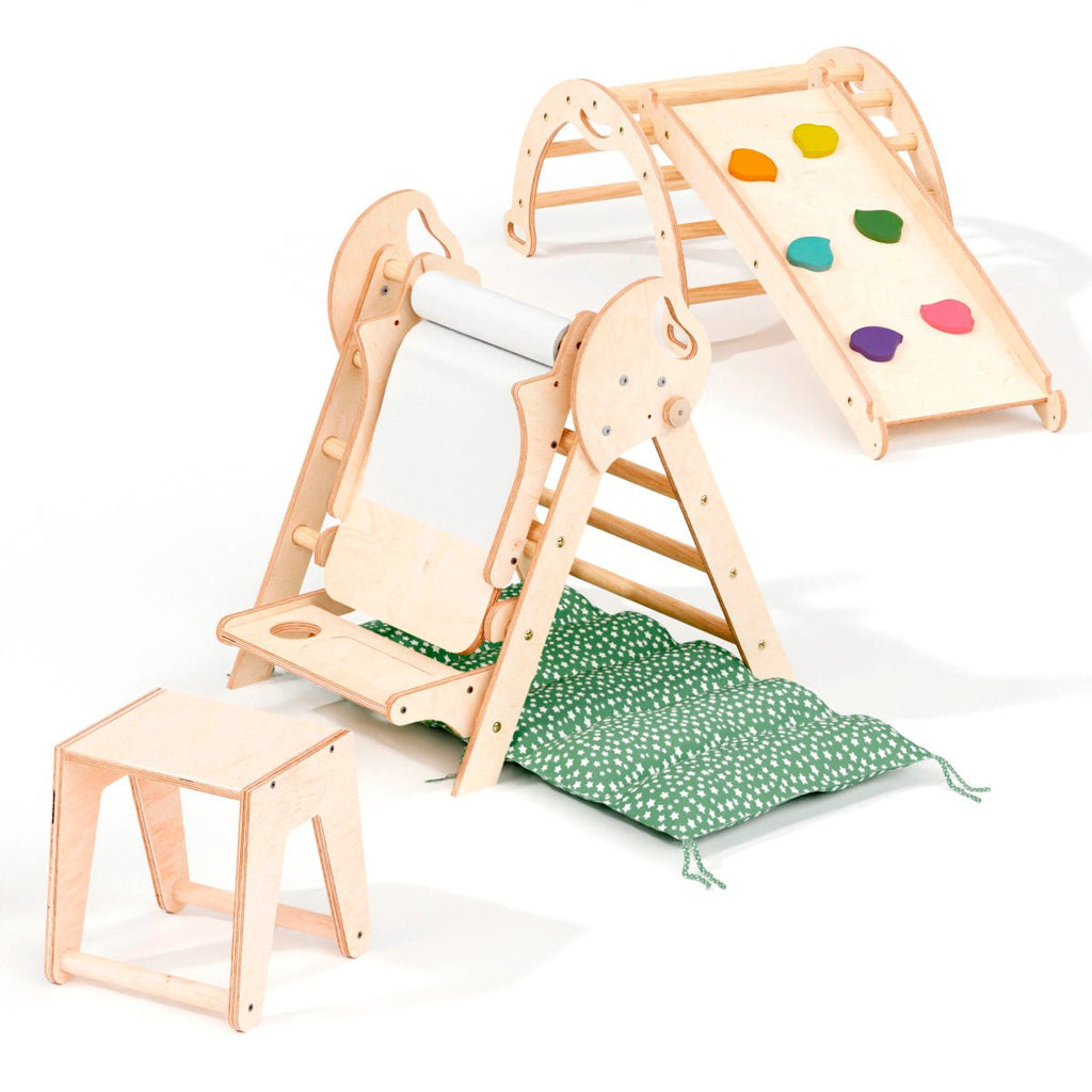 Montessori 4in1 Kletterdreieck für Babys: Pikler-Dreieck, Kletterbogen, Rutschbrett und Kissen für Kleinkinder (1–3 Jahre)