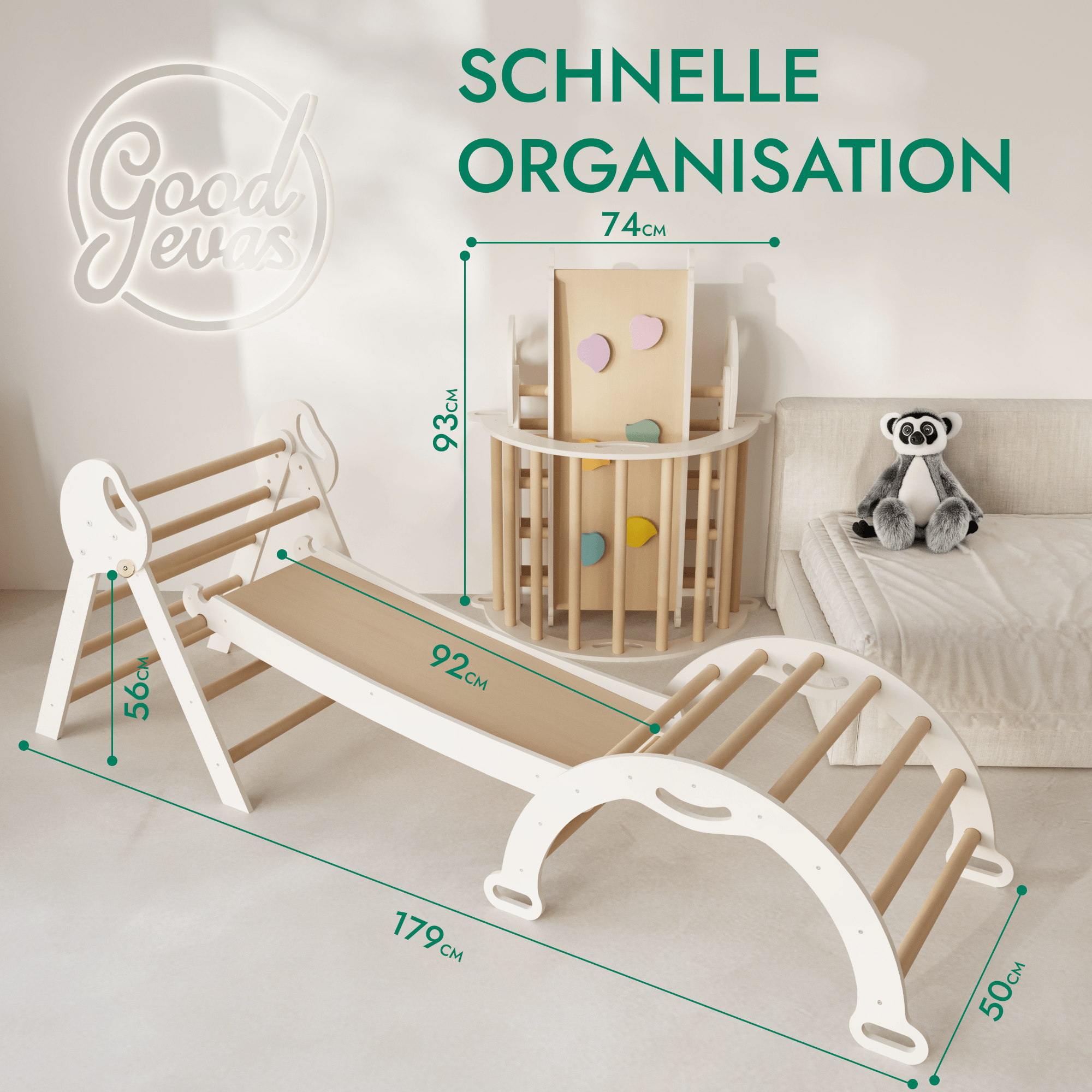 Montessori 4in1 Kletterdreieck für Babys: Pikler-Dreieck, Kletterbogen, Rutschbrett und Kissen für Kleinkinder (1–3 Jahre)