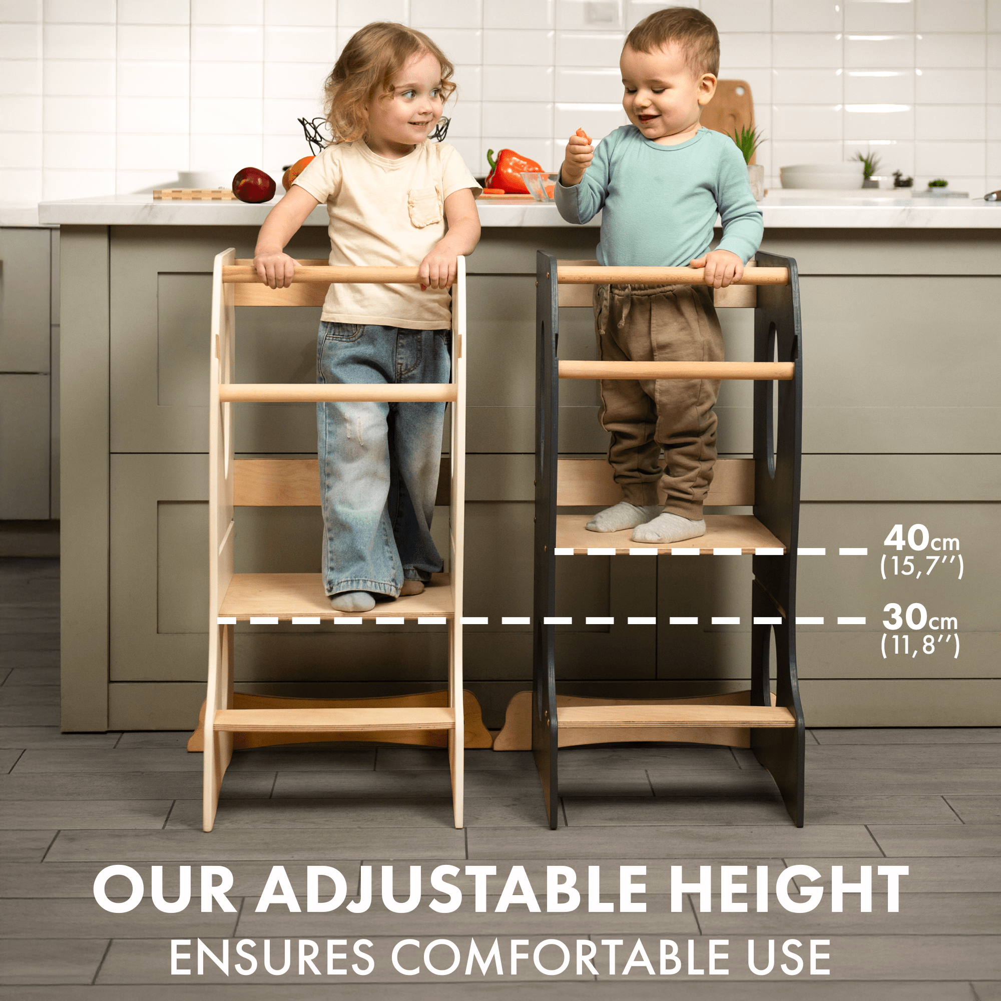 Stabiler Montessori Lernturm: Mitwachsender Kinderstuhl aus Holz – Beige