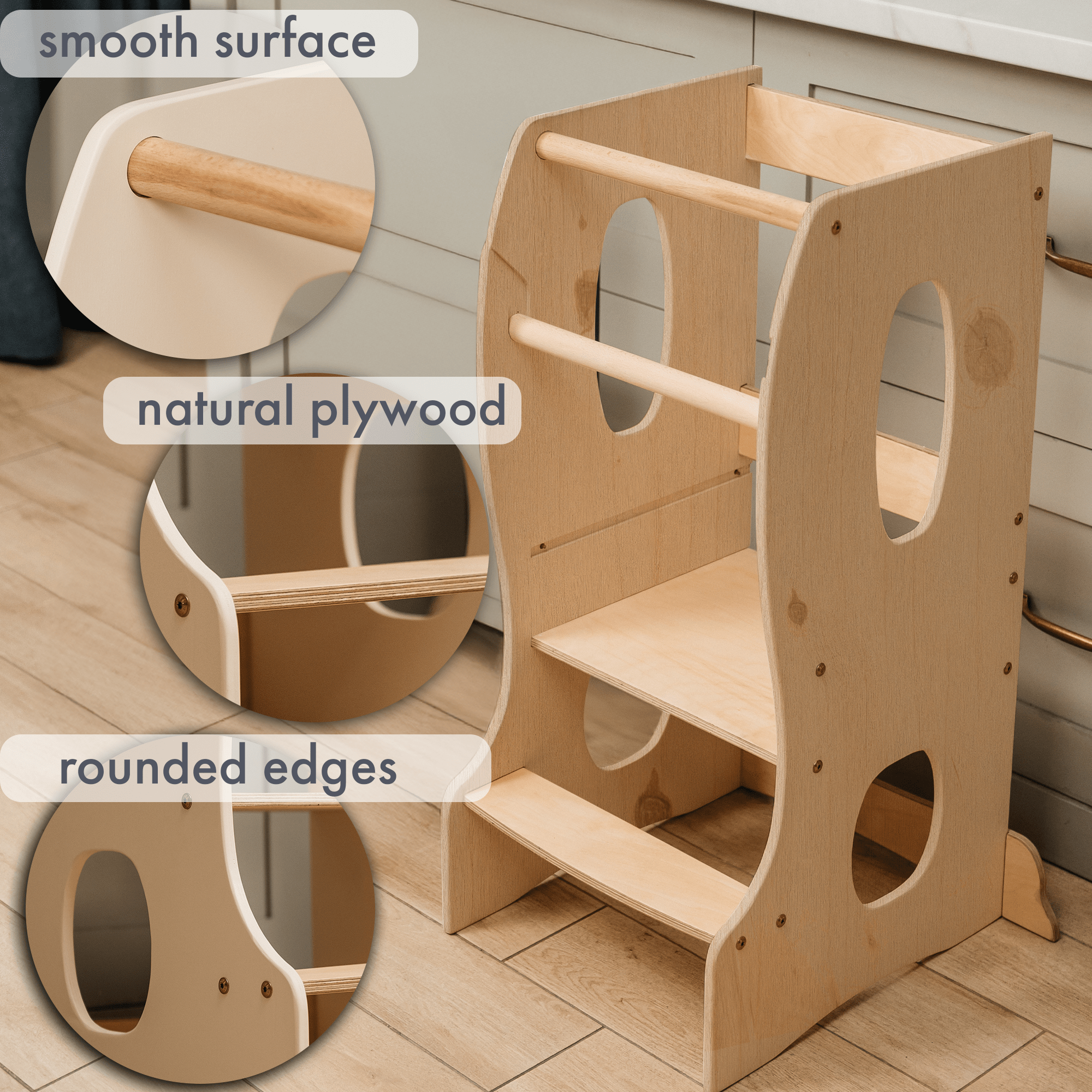 Stabiler Montessori Lernturm: Mitwachsender Kinderstuhl aus Holz – Beige