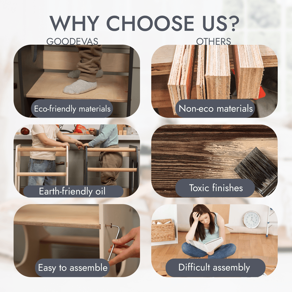 Stabiler Montessori Lernturm: Mitwachsender Kinderstuhl aus Holz – Elfenbein