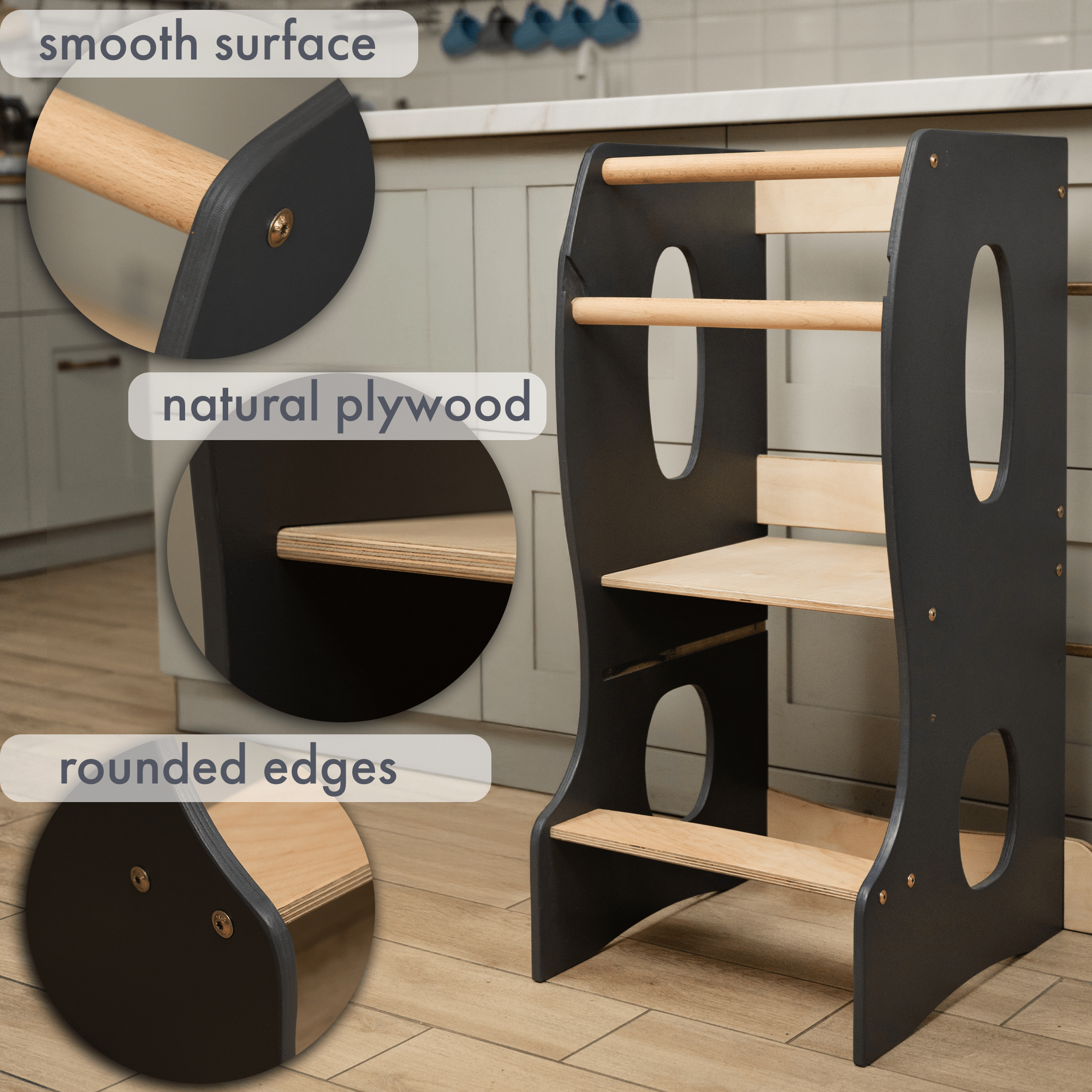 Stabiler Montessori Lernturm: Mitwachsender Kinderstuhl aus Holz – Grau