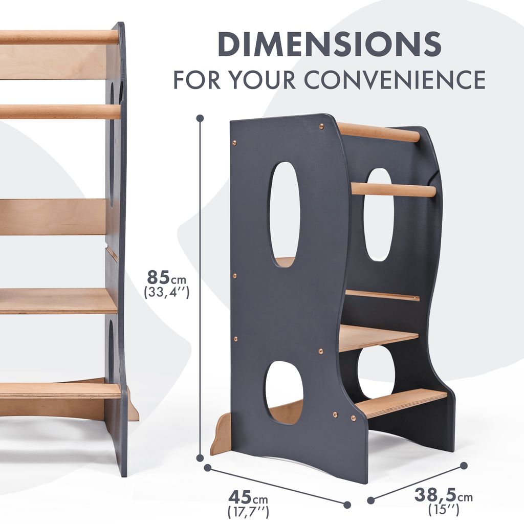 Stabiler Montessori Lernturm: Mitwachsender Kinderstuhl aus Holz – Grau